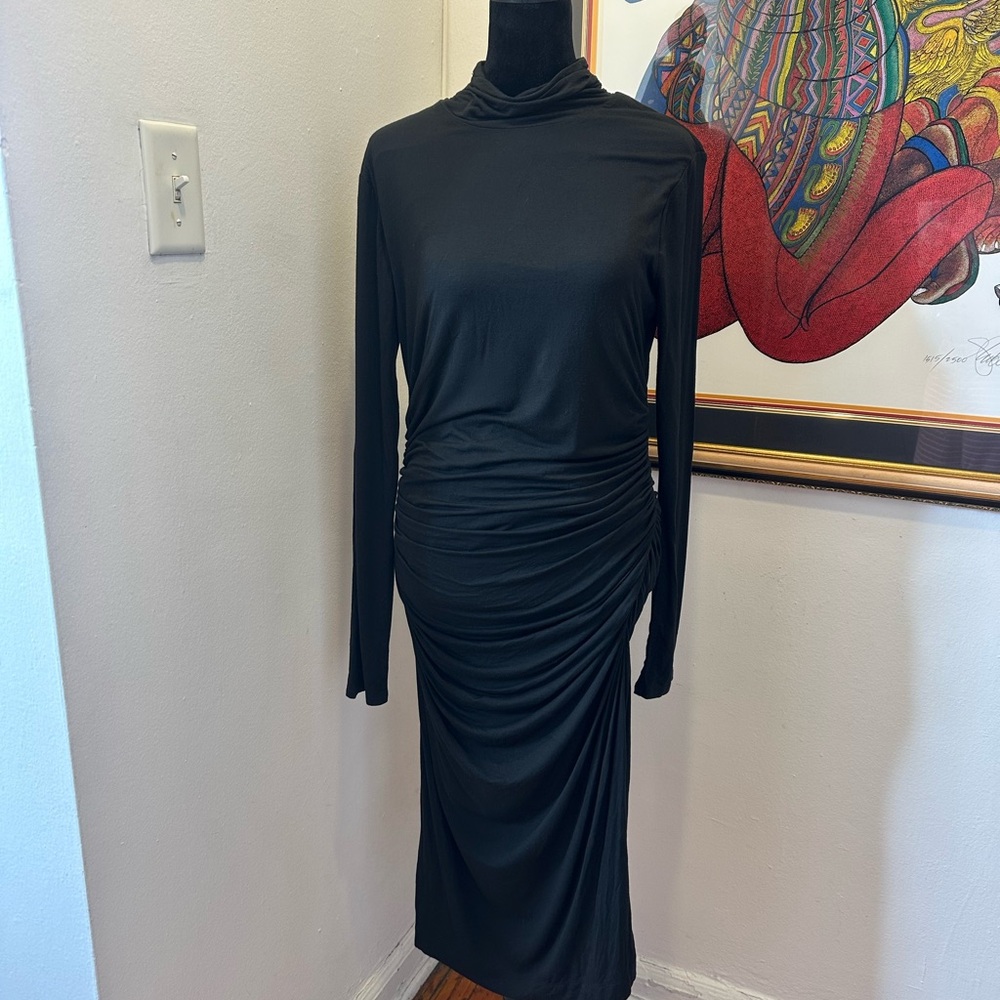 Whbm Ruched Black Long Sleeve Dress